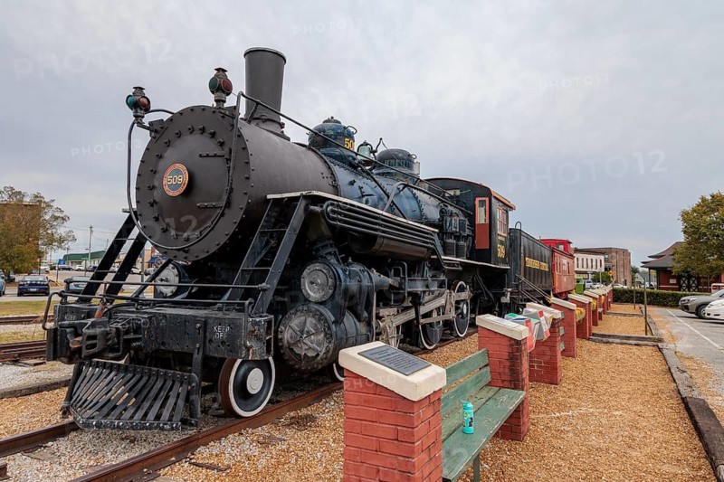 Historic Tennessee Central train with BAldwin Locomotive Works Engine 509, a coal car and a caboose at the Cookeville Depot Museum in Cookeville, Tennessee