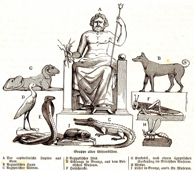 Group of old images of gods, epistle Paul to the Romans, New Testament, letter, Jupiter from Rome, Egyptian dog and ram, snake, locust, crocodile, wasp, beetle, Bible, historical illustration 1850
