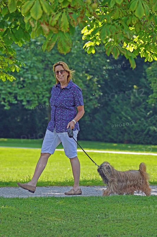 Woman takes Lhasa Apso for a walk in the park
