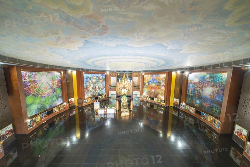 Main hall of the elephant temple Thep Wittayakhom Vihara, Wittayakom, mural and golden lotus flower, Wat Baan Rai, Korat, Nakhon Ratchasima Province, Isaan, Isan, Thailand