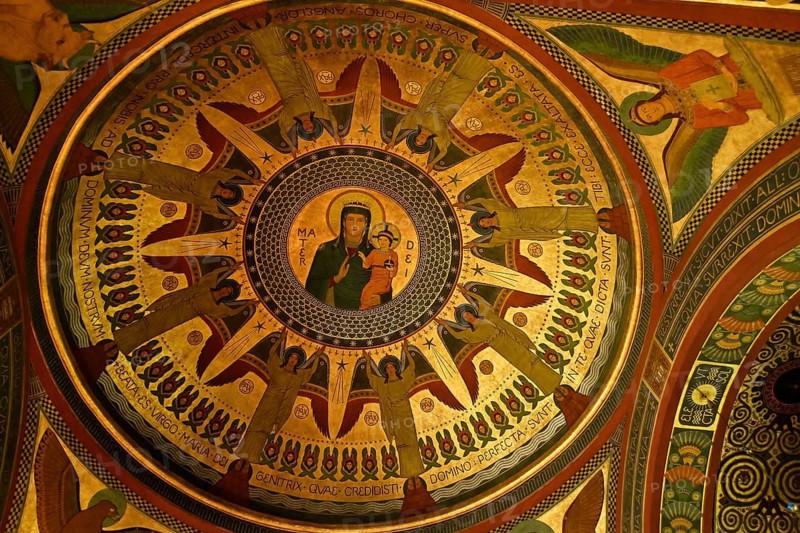 Depiction of the Mother of God in the dome of the Chapel of Grace as a northern extension of the monastery church of the Archabbey of St. Martin of the Benedictine monastery at Beuron in the Upper Danube Valley near Sigmaringen, Baden-Württemberg, Germany, 27 August, 2021