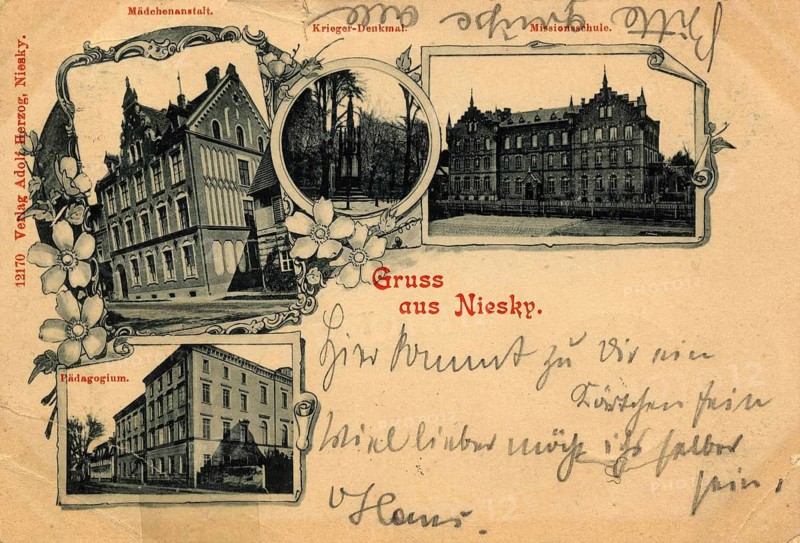 Postcard from 1900 shows important buildings and a monument in Niesky, Saxony. Niesky is known as a colony of the Herrnhut Brotherhood, Saxony, Germany, authentic reproduction of an old postcard, around 1910, historical, exact date unknown