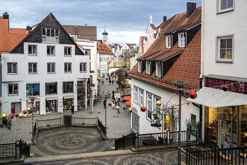 View from the staircase to the town hall square, behind the town hall, Kempten, Swabia, Allgäu, Bavaria, Germany