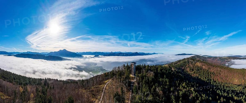 Drone shot, sea of fog in the Mondseeland with observation tower on the Kulmspitze, Mondsee, Salzkammergut, Upper Austria, Austria