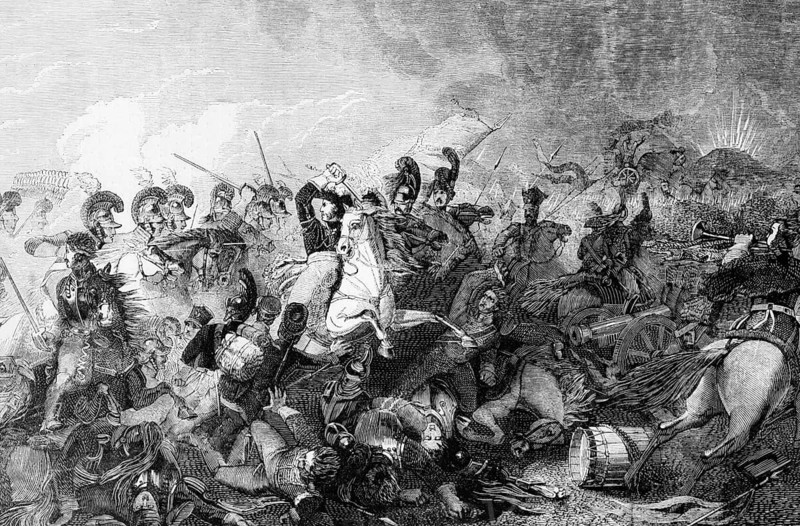 The attack of Lord Somerset's Heavy Brigade during the Battle of Waterloo, which led to the defeat of the French army under Napoleon Bonaparte on Sunday 18 June 1815, digital reproduction of a historical model