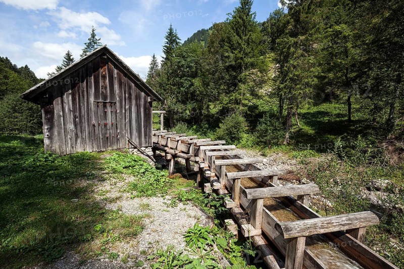 Watercourse to a historic sawmill, near Gerstruben, Dietersbachtal, near Oberstdorf, Allgäu Alps, Oberallgäu, Allgäu, Bavaria, Germany
