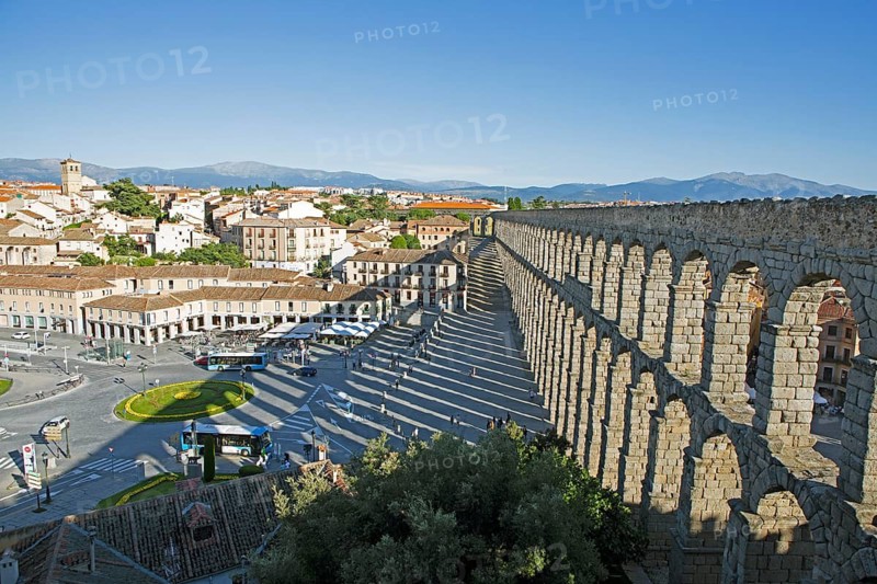 Roman aqueduct at the Plaza de Azoguejo, Segovia, province of Segovia, Castile and Leon, Spain
