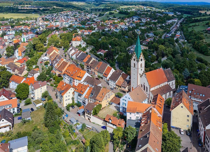 City view of Engen in Hegau. Old town with church. aerial view. Engen, Baden-Württemberg, Germany