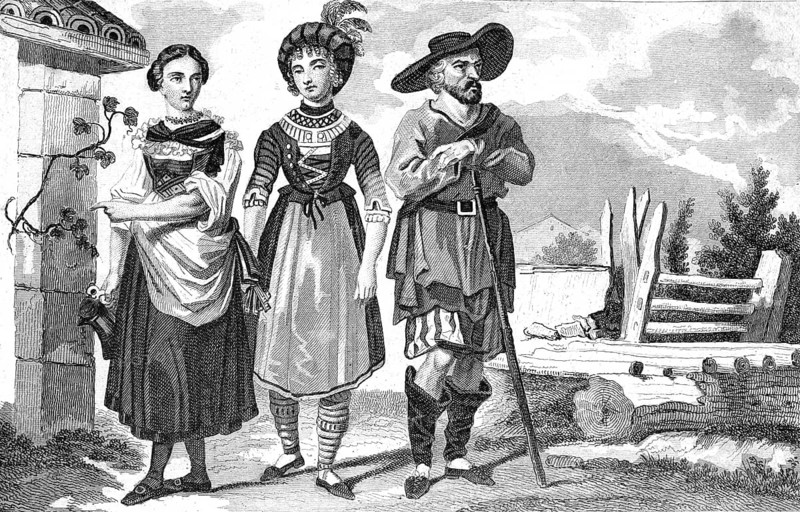 Traditional clothing styles and culture from the 19th century. Farmers from Tyrol, illustration, reproduction of a model from the 19th authentic, file restored for optimal use, exact date of original unknown, historical