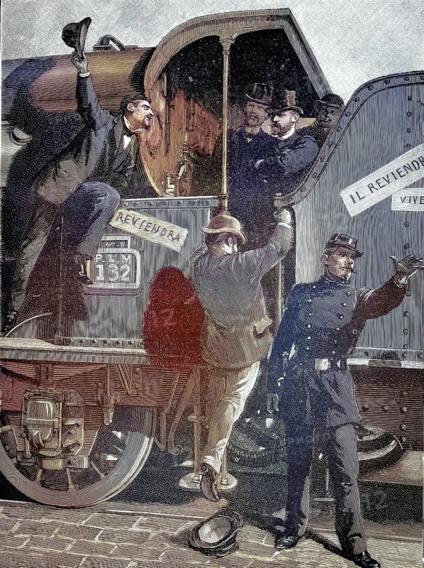 Farewell and departure of General Georges Boulanger from the Gare de Lyon station in Paris on July 8, 1887. The popular French army officer and politician was sent away from Paris by the government because of his politically uneasy activities and the fear of an impending coup d'état and transferred to Clermont-Ferrand, reproduction of a model from the 19th century. Authentic, file restored for optimal use, exact date of original unknown, nostalgically colored