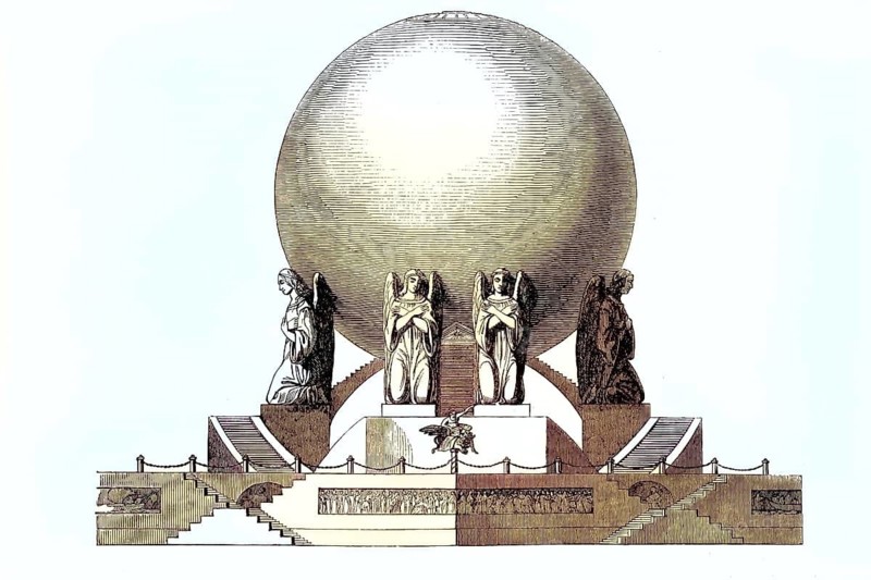 Outline of the utopian design for a cemetery building, Cimetière de la Ville de Chaux, designed by the famous French visionary and architect Claude-Nicolas Ledoux, revolutionary architecture of the late 18th century, illustration, reproduction from a model from the 19th century. Authentic, file restored for optimal use, exact date of original unknown, historical, colored