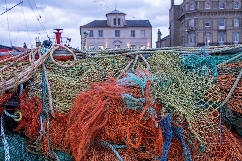 A pile of fishing nets, The Pier restaurant, Harwich, England, Great Britain