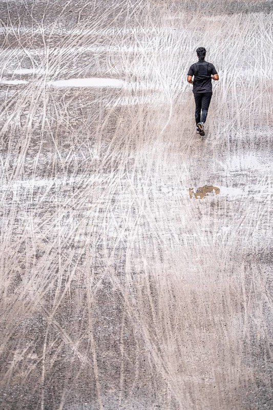 Dirt road, with many tracks of two-wheelers, footprints, joggers, wet, after rain, parallel, mixed up