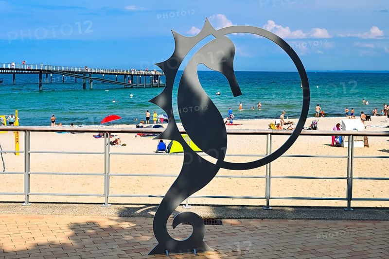 Seahorse figurine, landmark of Timmendorfer Strand, on the pier forecourt at the Maritim pier, Schleswig-Holstein, Germany +++ editorial use only