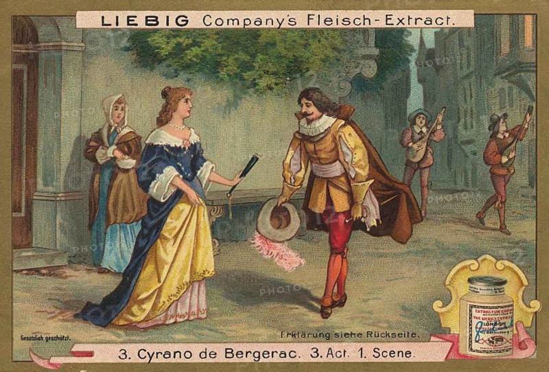 Cyrano de Bergerac picture series, Cyrano appears together with two pages playing music, favorite picture, digitally restored reproduction of a collector's painting from around 1900, exact date unknown