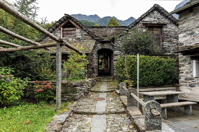 Typical Ticino stone houses in the mountain village of Bordei, Centovalli, Canton Ticino, Switzerland