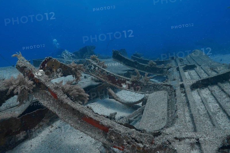 Underwater view of ship fragments covered with sand on the seabed, meteor wreck dive site, Russian hydrofoil, Arguineguin, Gran Canaria, Spain, Europe, Atlantic