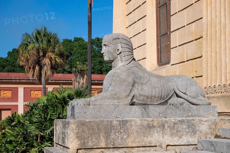 Sphinx, entrance area neoclassical high school, Palermo Botanical Garden or Orto Botanico, Palermo, Sicily, Italy