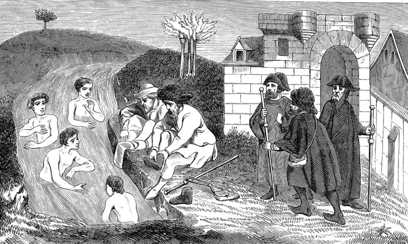 Illustration of pilgrims bathing in the Jordan River. Scene shows men undressing on the shore or already in water while others look on in traditional clothing, authentic, high-resolution reproduction from a 19th-century model, exact date of depiction unknown, historical