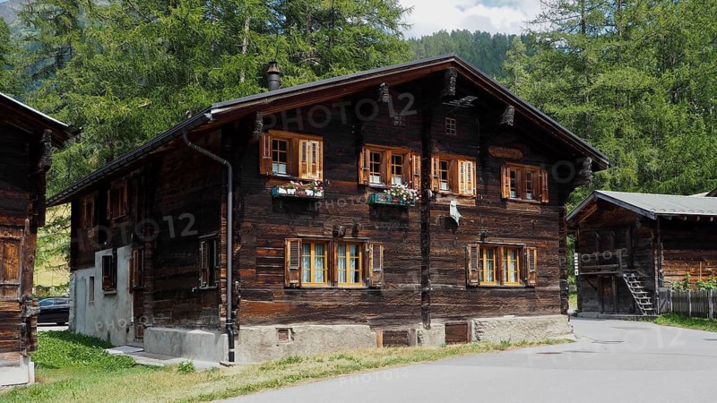 Wooden house with several windows, decorated with flowers in pots and rural surroundings, Oberwald, Goms, Canton of Valais, Switzerland