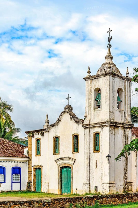 Facade of a old baroque church built in 1800 in the historic city of Paraty, Paraty, Rio de Janeiro, Brazil