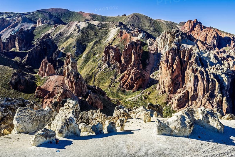 Colorful rock formations in the Valle Lunar, aerial view, section of the Jeinimeni National Park, Patagonia, Chile
