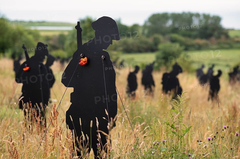 Installation, Standing with Giants, honours the victims of the fallen British soldiers by personification, British Normandy Memorial, war memorial, Ver-sur-Mer, D-Day, Operation Overlord, Gold Beach, Normandy, Calvados, France