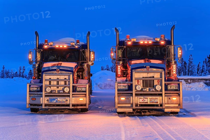 Truck, trucks, running engine, snow, winter, cold, Arctic, Eagle Plaines, Dempster Highway, Yukon, Canada