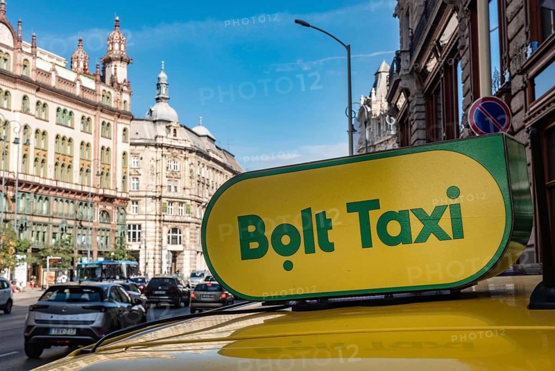 Budapest, Hungary. October 1st 2023 Sign for Bolt, an Estonian ride-hailing taxi company in central Budapest, Hungary