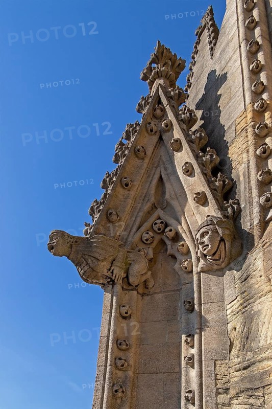 Detail, sculptures on the tower of the University Church of St Mary the Virgin, Oxford, England, Great Britain