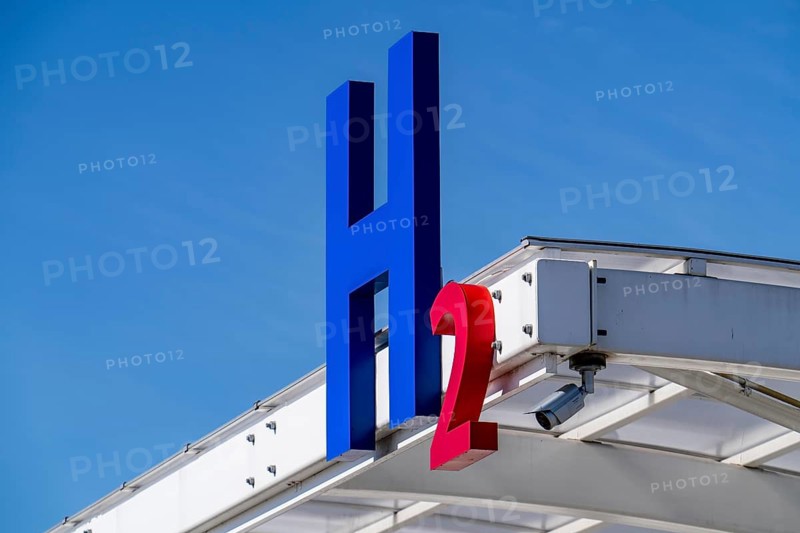 Hydrogen filling station in Antwerp, for cars and lorries, H2 lettering, Belgium