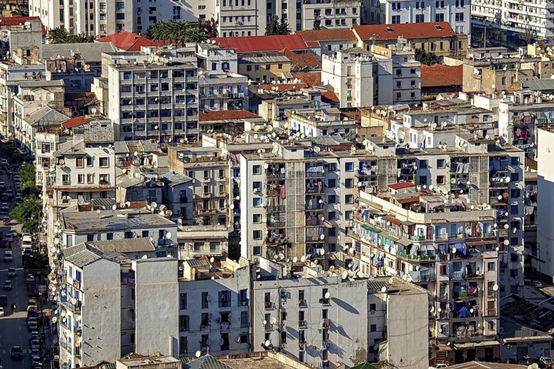Dense cluster of white buildings with many windows in an urban setting, view of the city of Algiers in Algeria