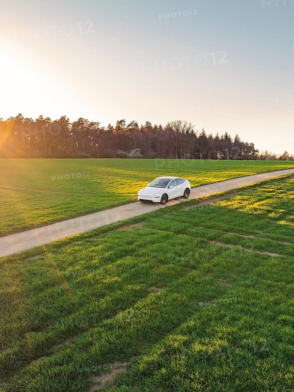 A white car on a rural road at sunset, surrounded by green meadows and a forest in the background, Tesla, New Model Y, Black Forest, Germany