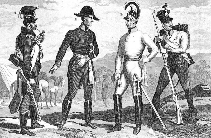 Traditional clothing styles and culture from the 19th century. Uniforms from Austria circa 1849: hussar (1), naval officer (2), Dragoon (3), Hungarian infantry (4), illustration, reproduction of a 19th-century original. Authentic, file restored for optimal use, exact date of the original unknown, historical