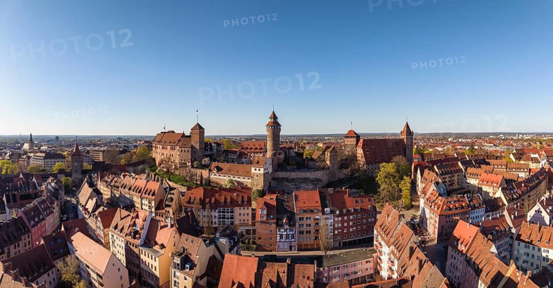 Aerial view, panorama of Nuremberg's old town with the historic Kaiserburg, Nuremberg, Middle Franconia, Franconia, Bavaria, Germany