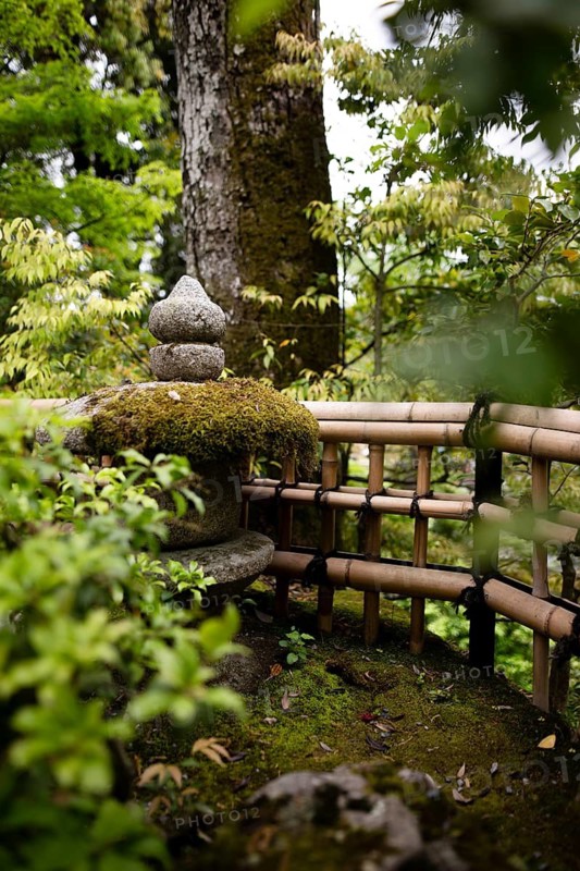 A tranquil scene featuring a moss-covered Stone Pagoda in the lush gardens of Kinkaku-ji, the iconic Golden Pavilion in Kyoto, Japan, surrounded by vibrant greenery