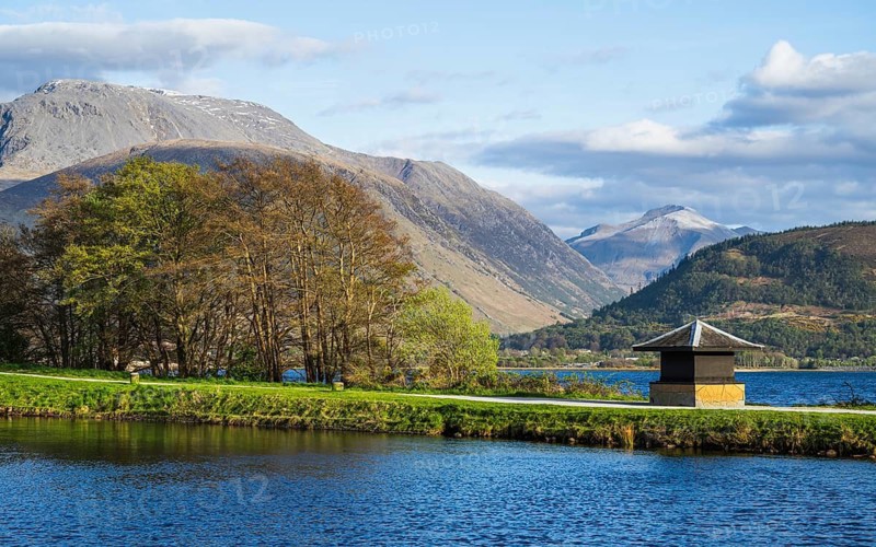 Caledonian Canal, Caol Beach and Nevis Range Mountains, Corpach, Fort William, Highland, Scotland, UK