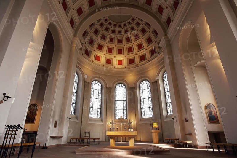 Interior view of classicist St. George's Church with chancel and dome in Bensheim, Hesse, Germany