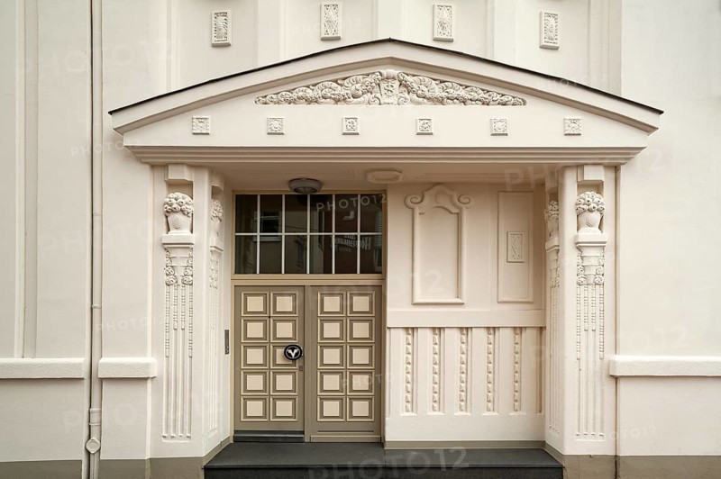 Decorative entrance portal from 1910 of the former Volksbank, Rostock, Mecklenburg-Vorpommern, Germany
