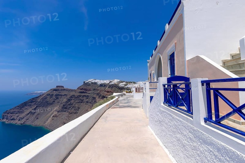 Greece Islands, scenic panoramic sea views of Santorini island from Fira village