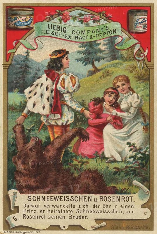 Picture series Fairy Tales, Snow White and Rose Red, Moment in which the Bear Transforms into a Prince, Liebigbild, digitally restored reproduction of a collector's painting from around 1900, exact date unknown