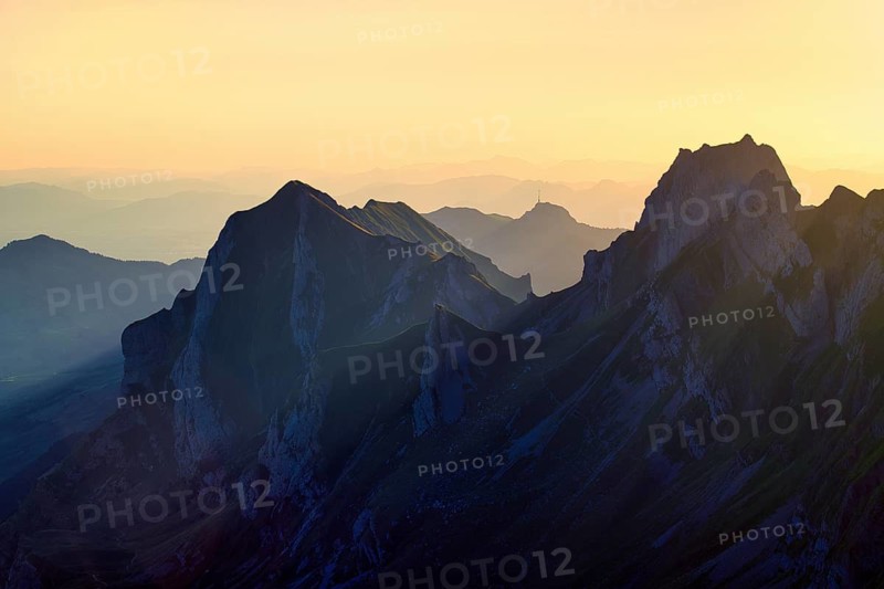 Alpstein Mountains at sunrise, view of Mount Hoher Kasten, Canton Appenzell Innerrhoden, Switzerland