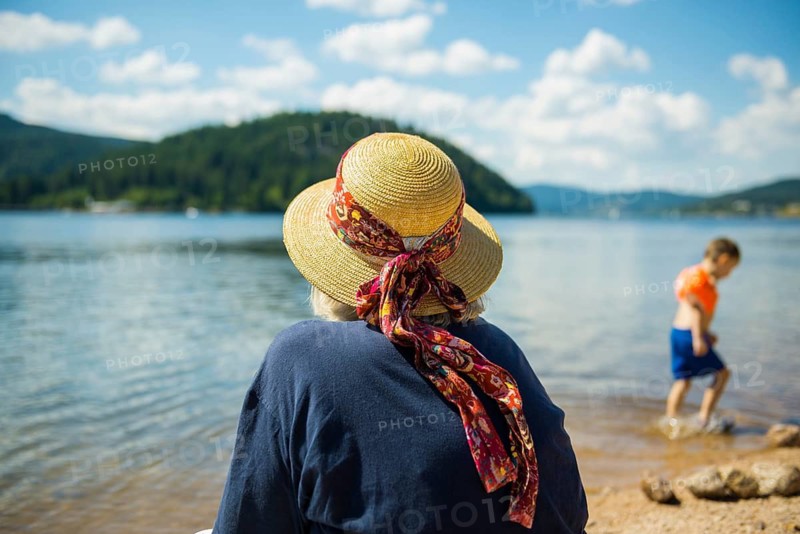 Bathing area and beach, Seebrugg, Schluchsee, Black Forest, Baden-Württemberg, Germany