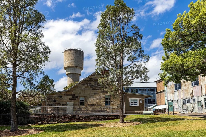 The convict precinct in front of Cockatoo Island power station water tower, Cockatoo Island, Sydney, Australia