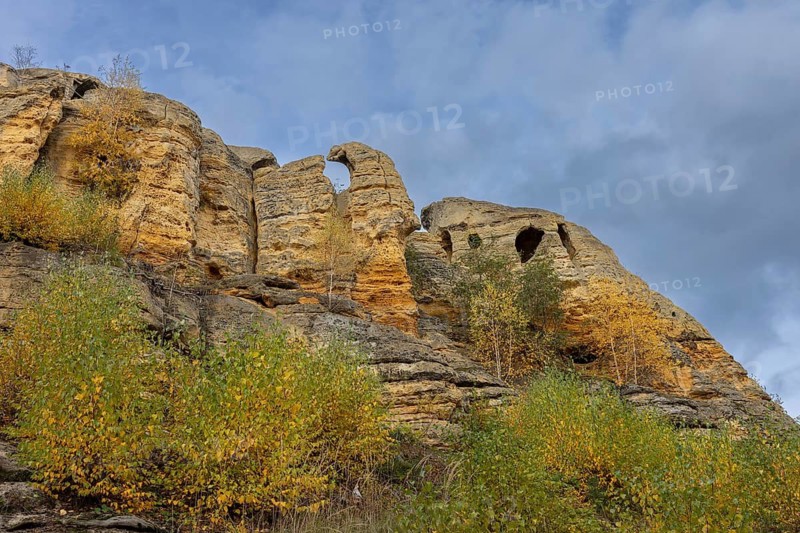 Klusfelsen, sandstone rock formation in Goslar near Halberstadt on the edge of the Harz Mountains, Saxony-Anhalt, Sachsen-Anhalt, Germany