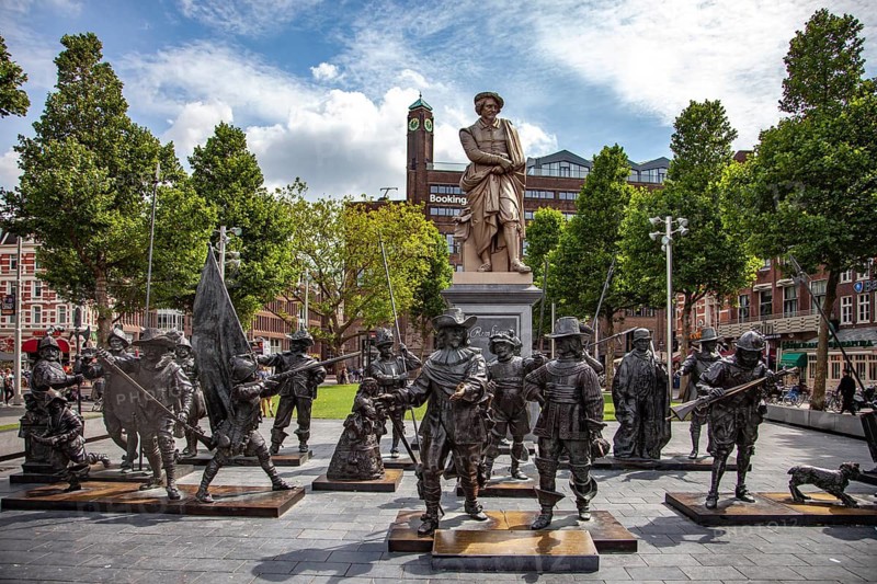 Rembrandt monument with sculptures of the Night Watch in the Dutch capital Amsterdam, North Holland, Netherlands