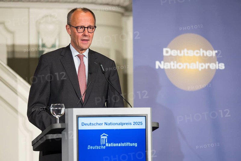 Friedrich Merz (Chancellor of the Federal Republic of Germany) speaks at the presentation of the German National Prize 2025 in the Französische Friedrichstadtkirche, Berlin, on 10 June 2025
