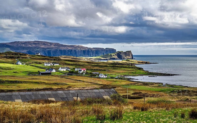 Farms over Loch Harport, Drynoch, Isle of Skye, Scotland, UK