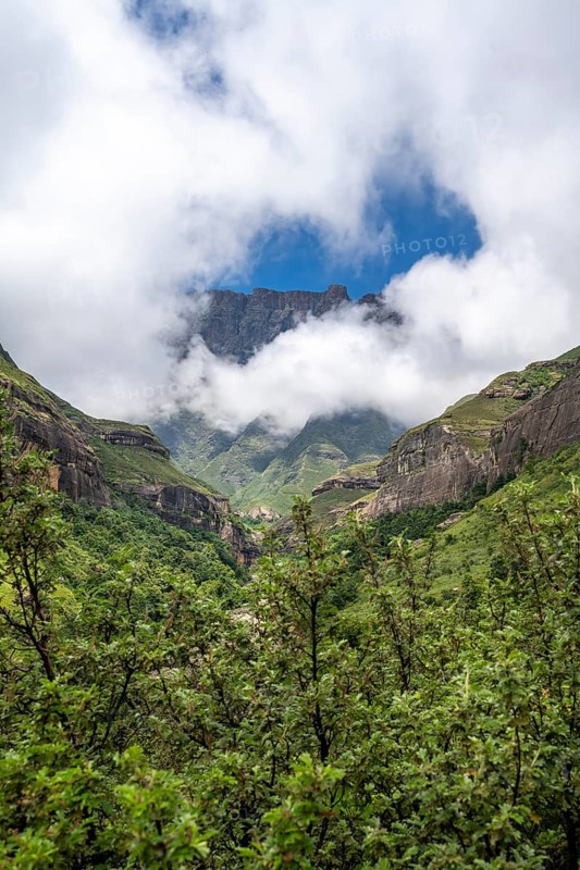 Landscape with mountains and fog, Drakensberg National Park, KwaZulu Natal, South Africa