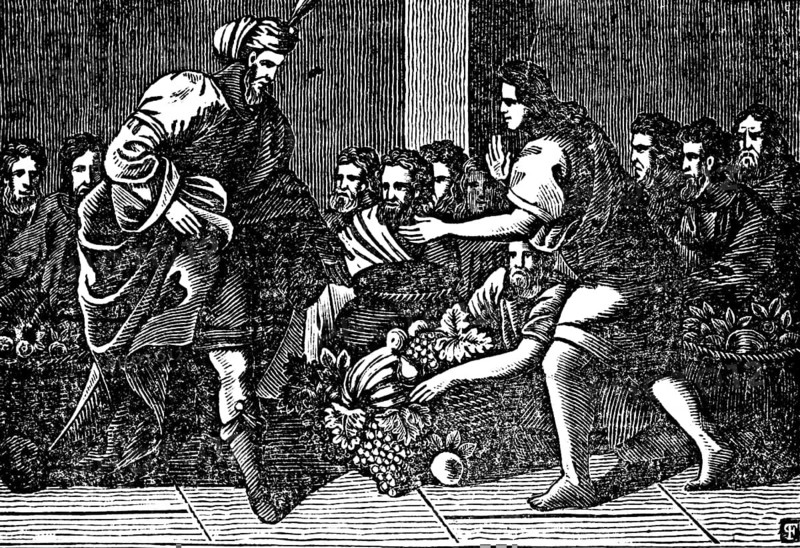 Joseph and his youngest son Benjamin meet in Egypt, all the brothers sit together at the table to eat, fruit, grapes, Genesis, woodcut, Christoph Schmid's Biblical History 1831